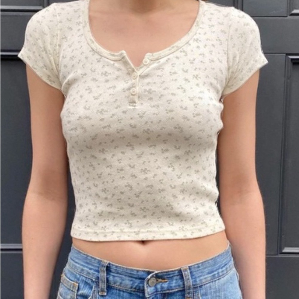 Brandy Melville Floral Baby Tee Cream and Green Quater Buttons